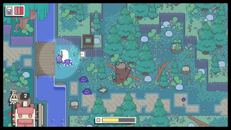 Garden Story - the main character attacks some goopy foes crawling around a forest