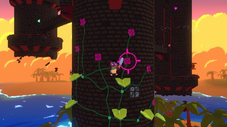 Finite Reflection Studios - a character is leaping up a tower covered in vines and flowers