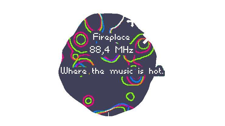 a colorful bubble says "fireplace, where the music is hot"