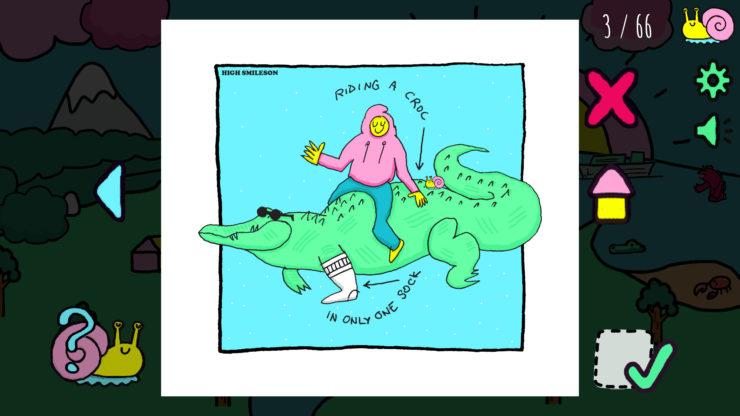 High Smileson - a man rides on top of a crocodile who is wearing one sock