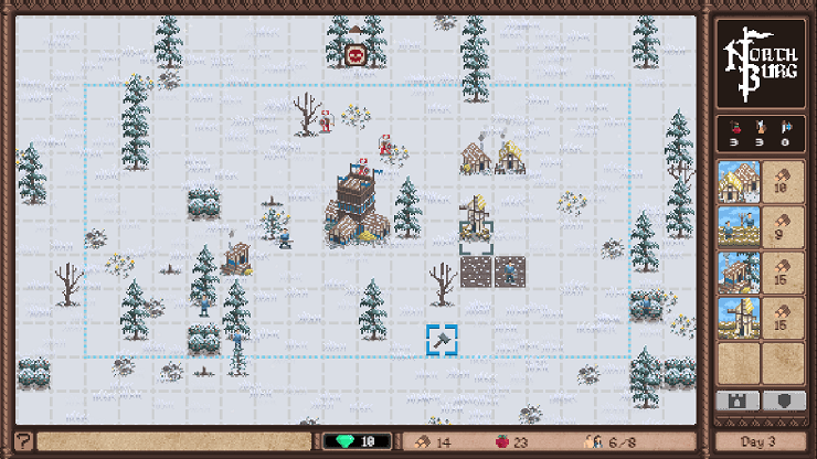 gdevelop game jam - a snowy field with sparse trees and buildings