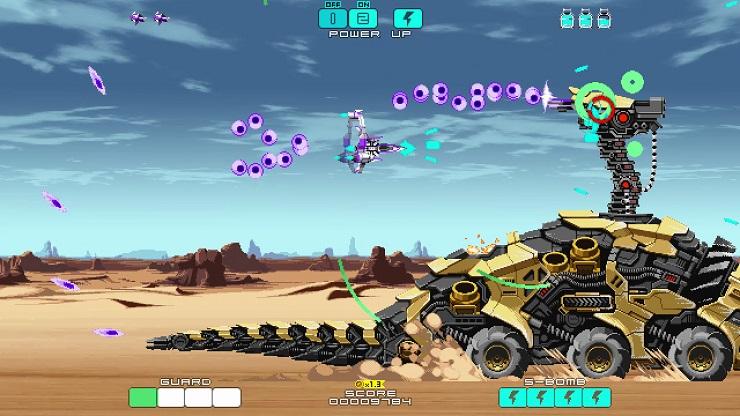 DRAINUS - a starship flies through the desert, firing at an armored vehicle