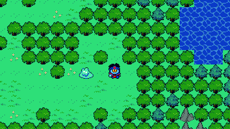 FRANKEN - a hero and a slime stand in a grassy field
