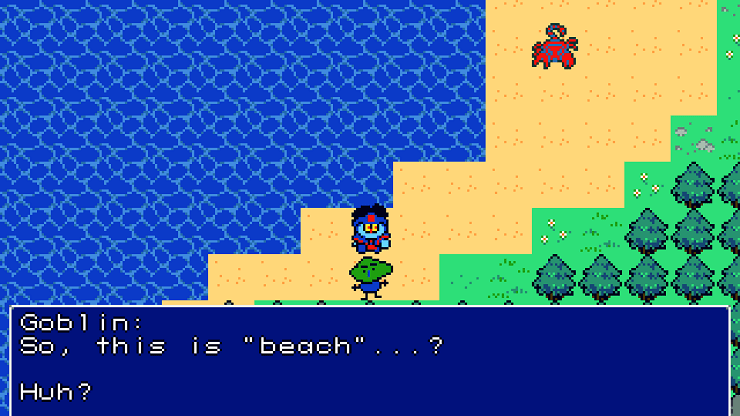 a warrior stands with a goblin on a beach