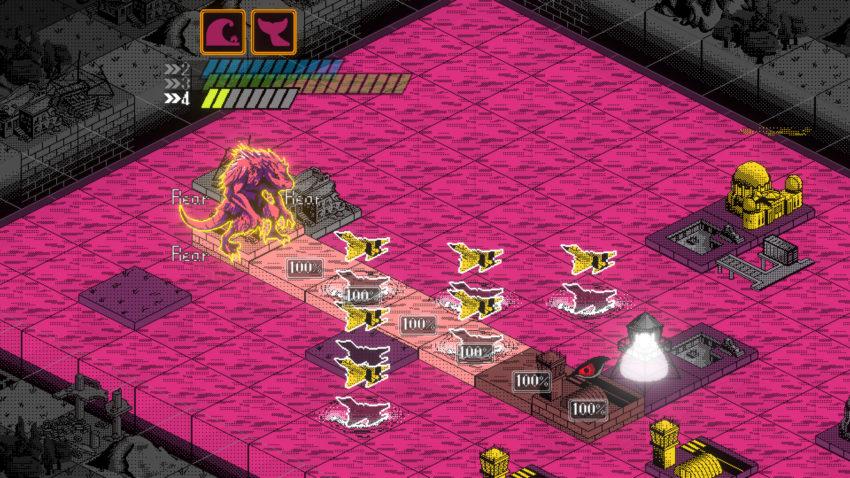 Kaiju Wars - jets fly over a pink sea, heading toward a giant lizard