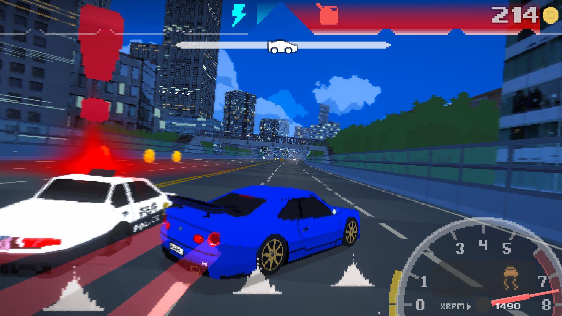 Neodori Forever - a low-poly blue car drifts into the side of a police car.