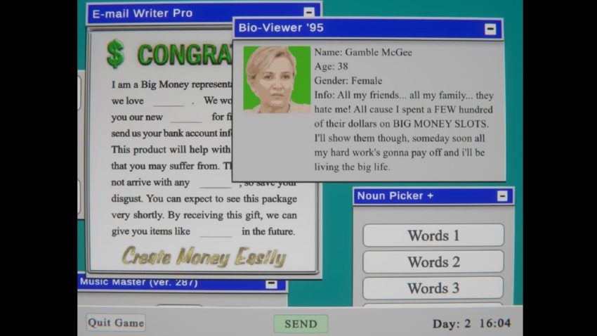 cdROM 480p hd - an image of a person's profile, and an email template made on a 90's computer.