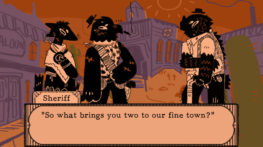 lookouts - a pair of animal cowboys speak with another animal person