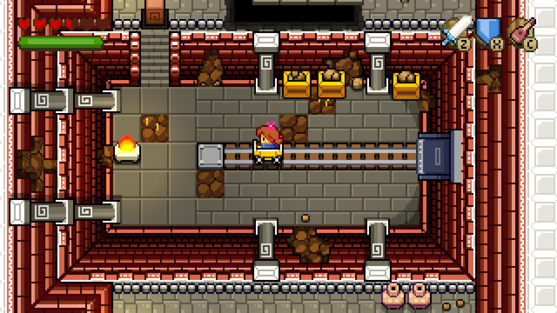 Blossom Tales II - a young girl rides on a minecart in a dungeon