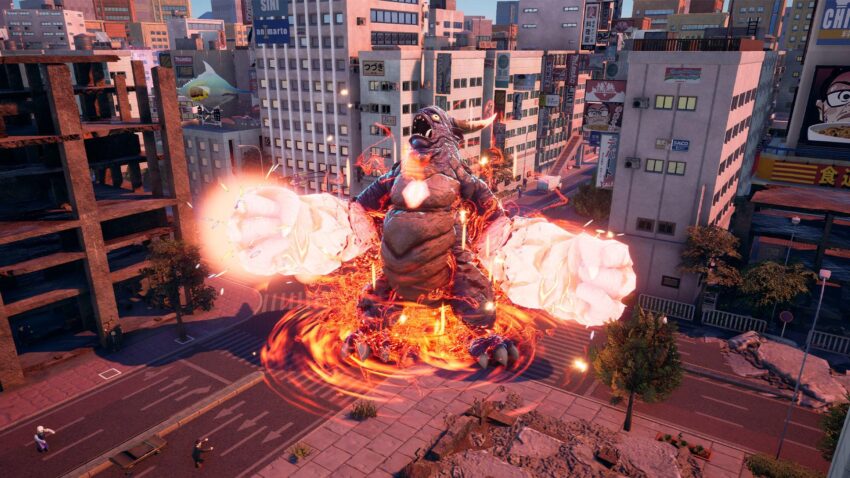 GigaBash - a giant reptilian monster roars while standing in the middle of a city