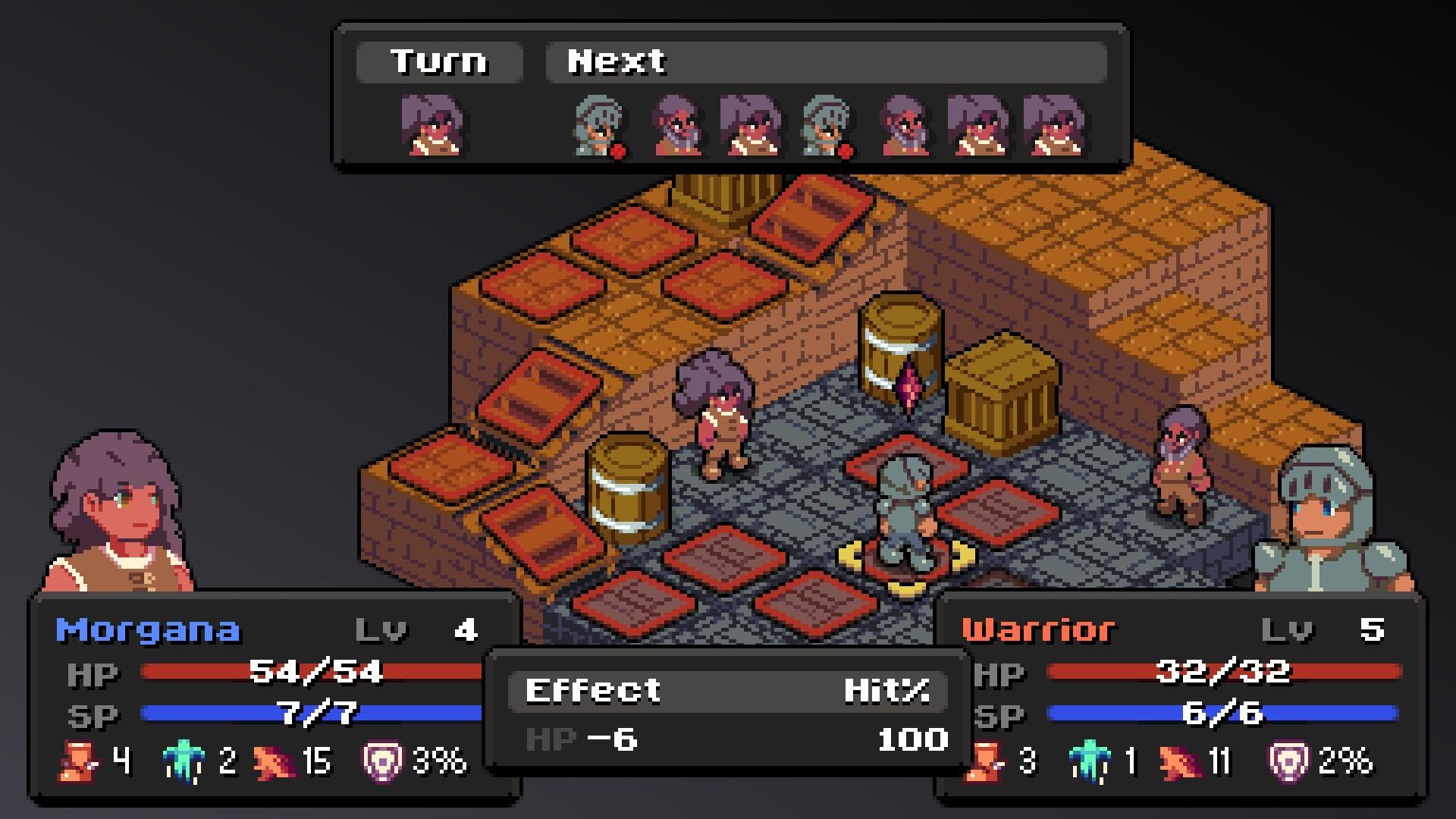 Vanaris Tactics - a female-presenting archer stares down a warrior in a cramped storage room