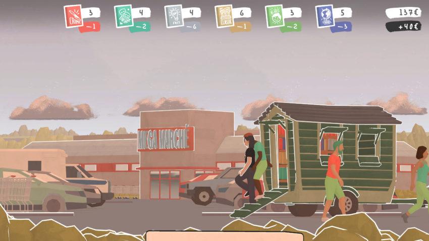 Tiny Bookshop - a person walks out of a small trailer-like bookstore