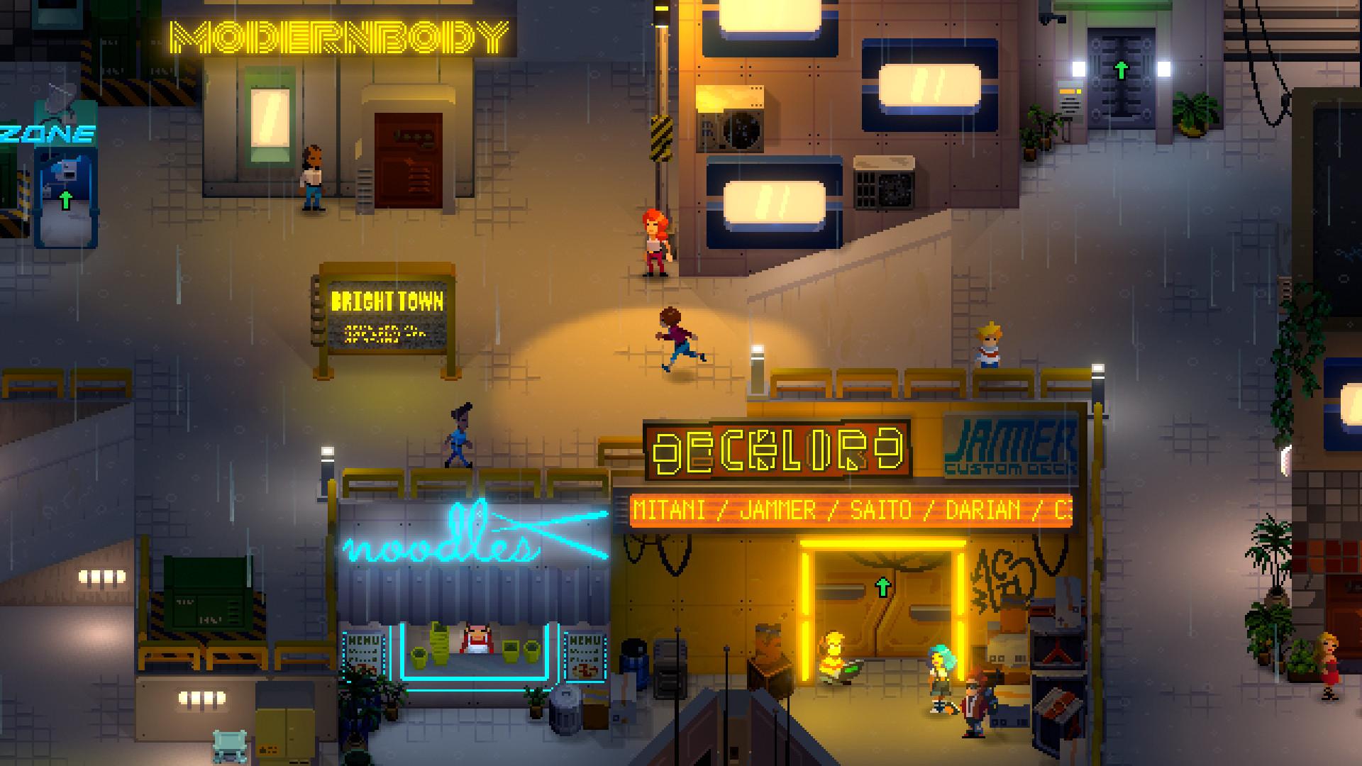 Jack Move - a woman runs through a bustling, neon-lit city