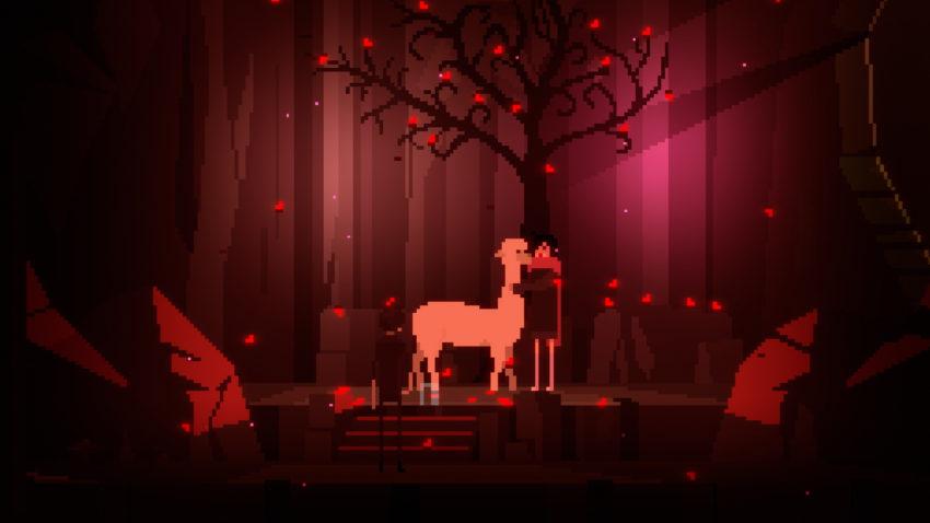 One Dreamer - a character holds a llama in front of a tree covered in red blossoms
