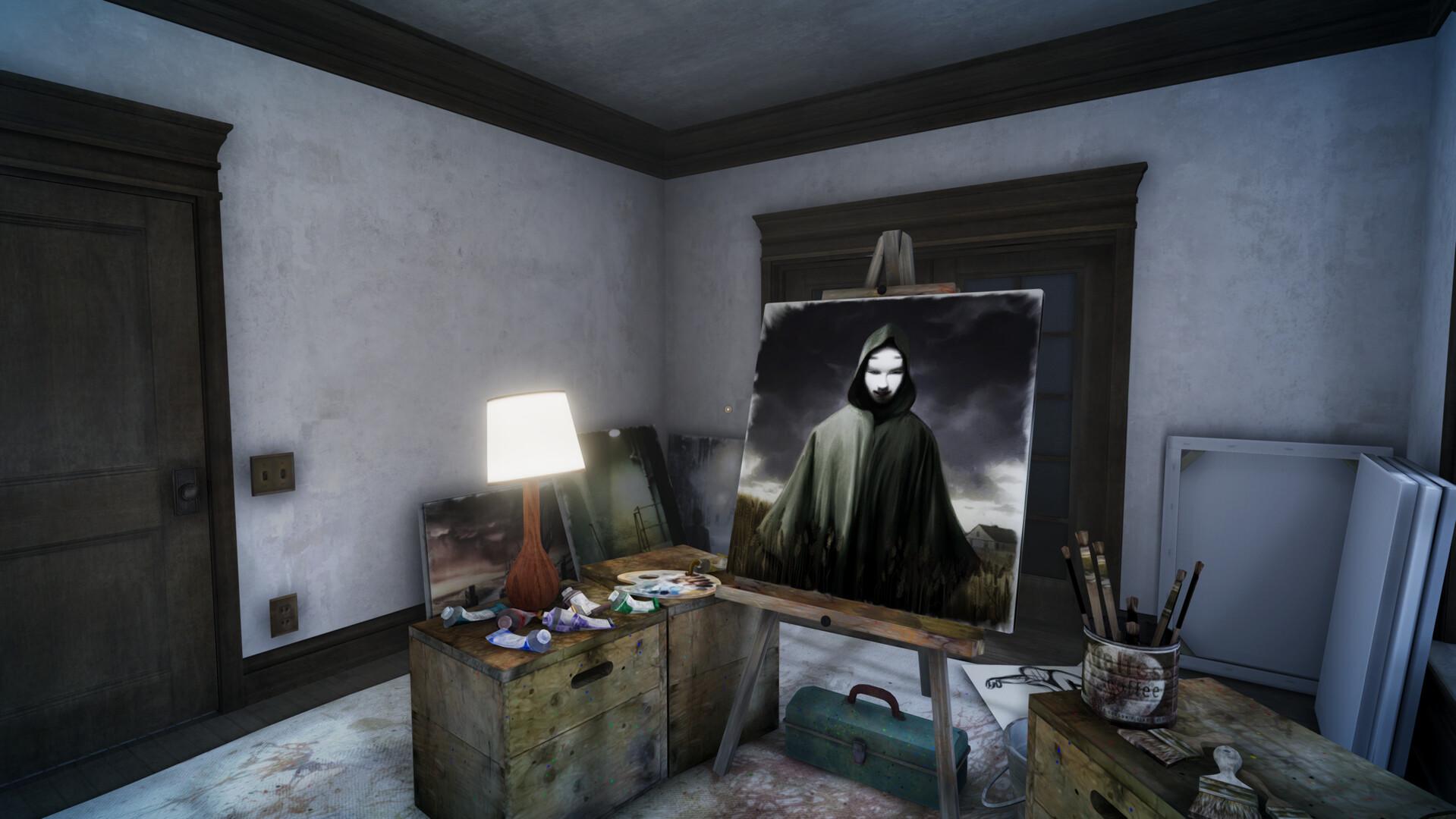 Dead Secret Circle - a cluttered room, with a painting of a masked, cloaked person in the middle