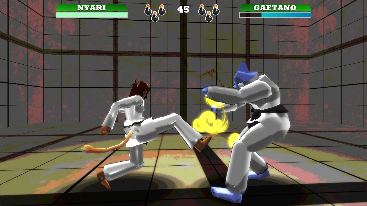 Exploding Judo - a person with cat ears delivers a low kick on someone in a white martial arts uniform