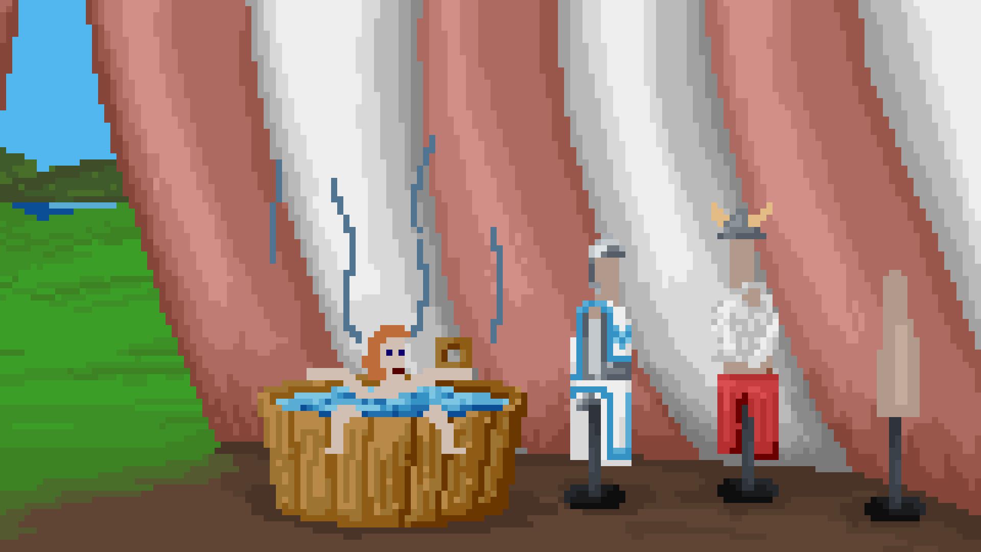 McPixel 3 - a red-haired man sitting in a wooden tub