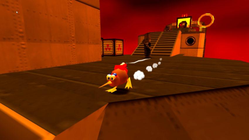 Super Kiwi 64 - a kiwi running through a factory-like structure at sunset