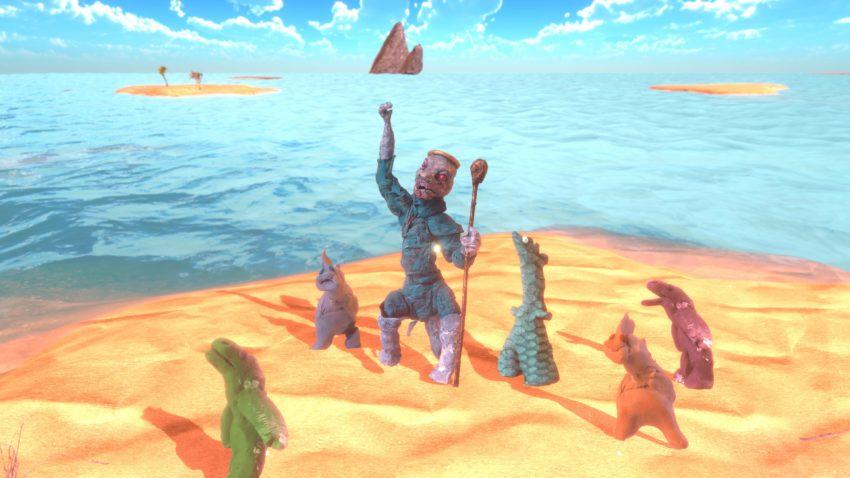 a being with a staff holds up one hand to the sea while creatures look on
