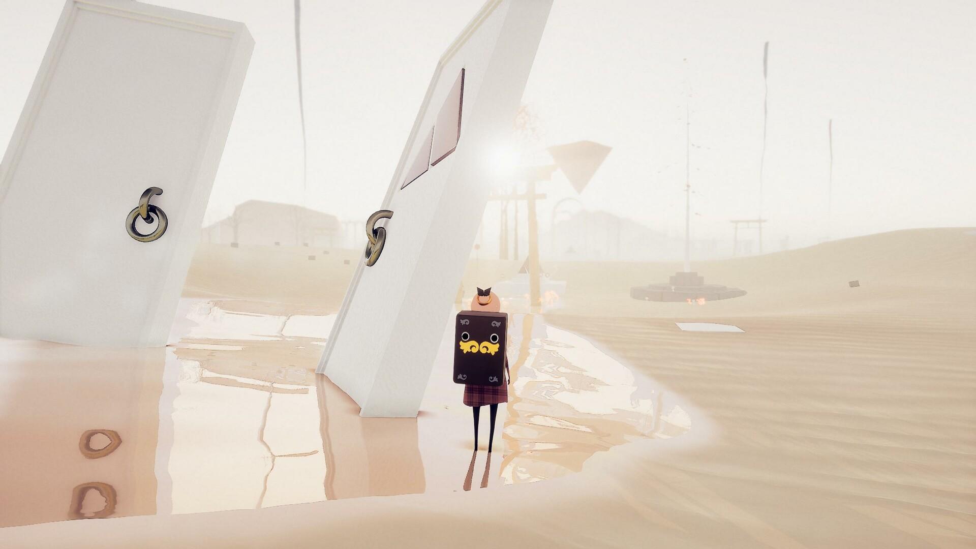 torii - a character stands in a surreal field filled with white obelisks