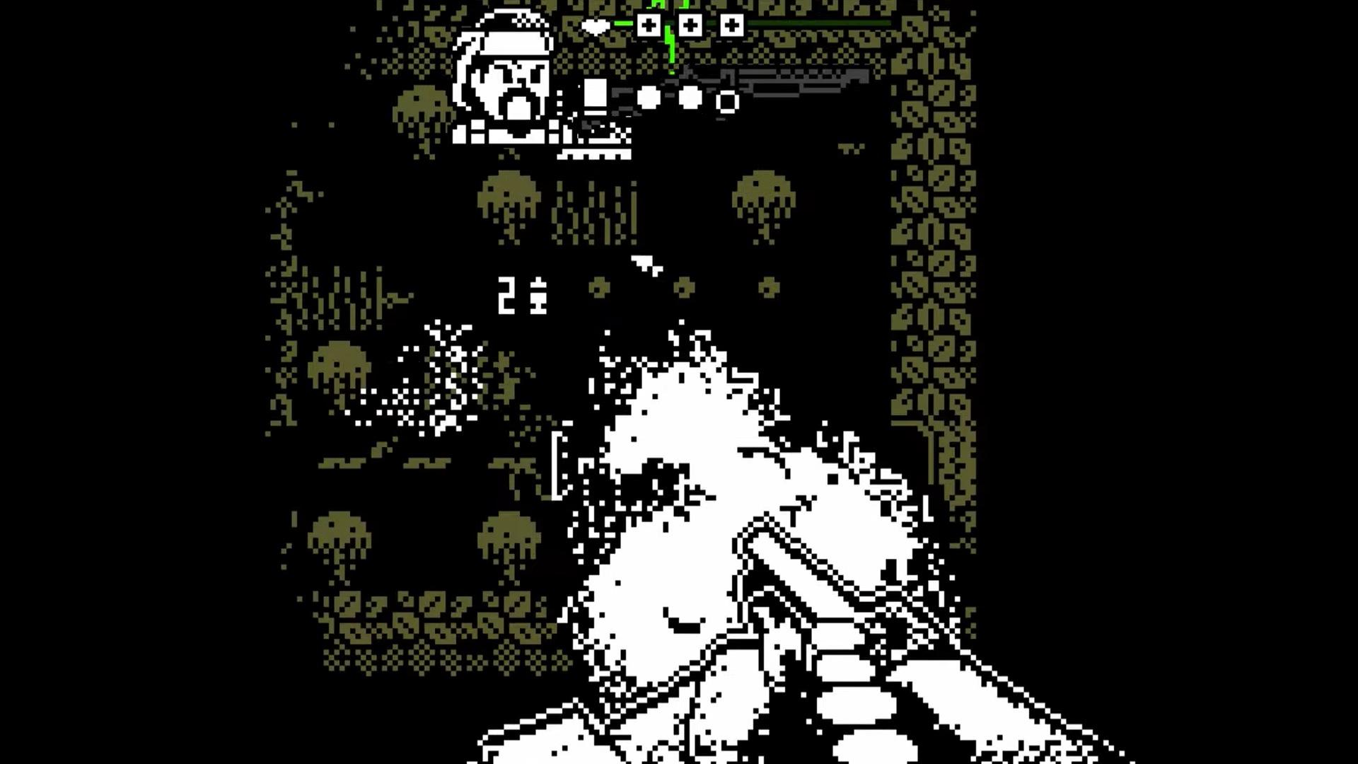 1 Bit Survivor - an image of a shotgun being fired in the foreground while a grim, dark map lays in the background.