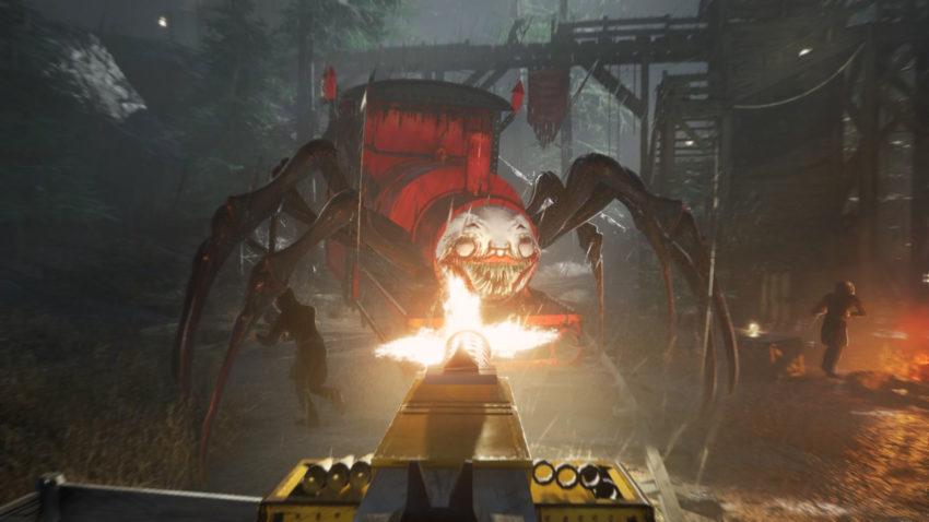Choo Choo Charles - the player fires a machine gun at a train with a demonic face and spider legs