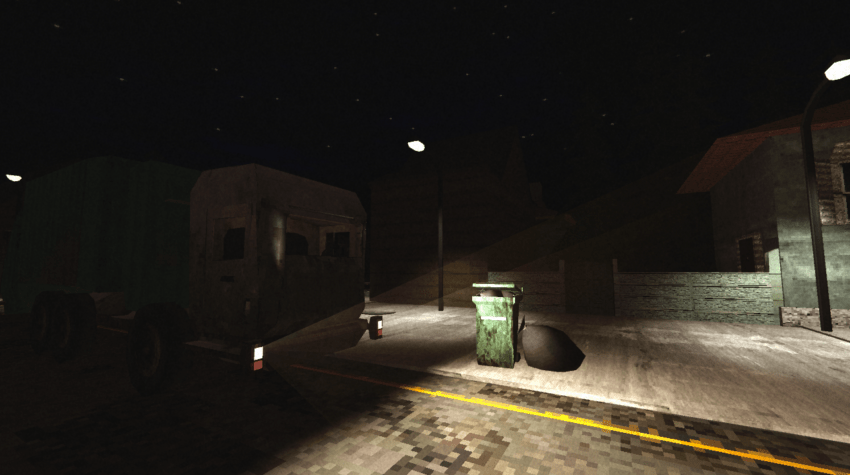 Cleaning Redville - a garbage truck lights up a dark street with its headlights
