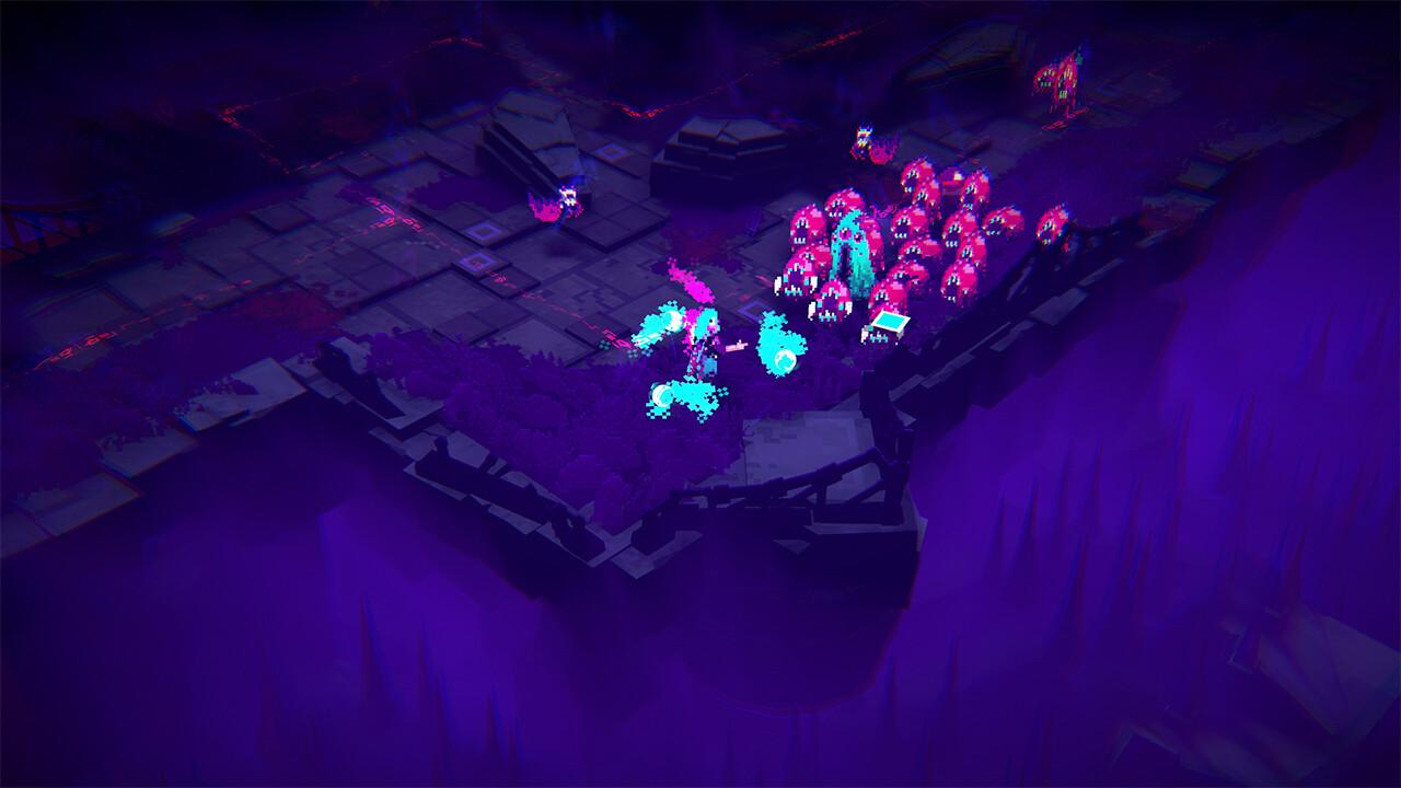 LONE RUIN - a blue-haired protagonist lunges toward some wriggling enemies 