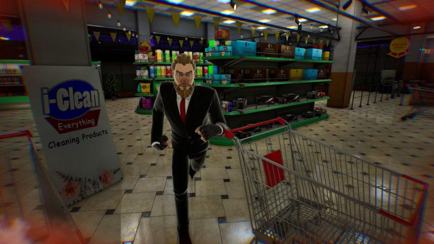 Sudden Market - a male-presenting person in a suit rushes toward you in a grocery store