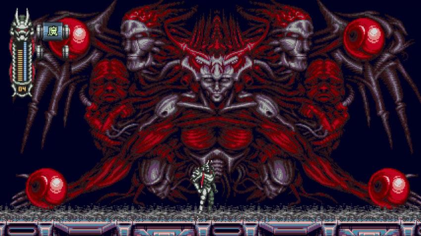 vengeful guardian moonrider - the machine protagonist stands before a demonic, three-headed humanoid creature