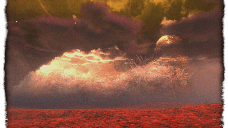 white trees fade into the clouds, red earth spreads out around you