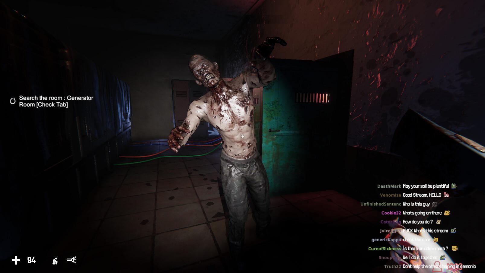 Deadly Broadcast - a zombie rushing at the player while a Tiwtch chat rambles on in the lower right corner