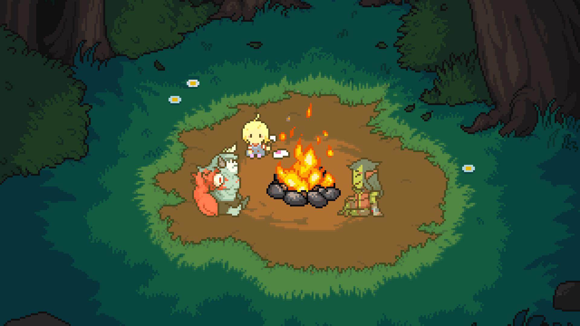 Meg's Monster - two monsters and a young girl sit around a campfire