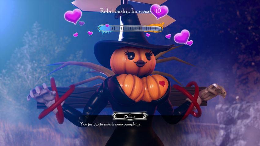 romancelvania - a pumpkin with scarecrow creature with hearts coming out of it.