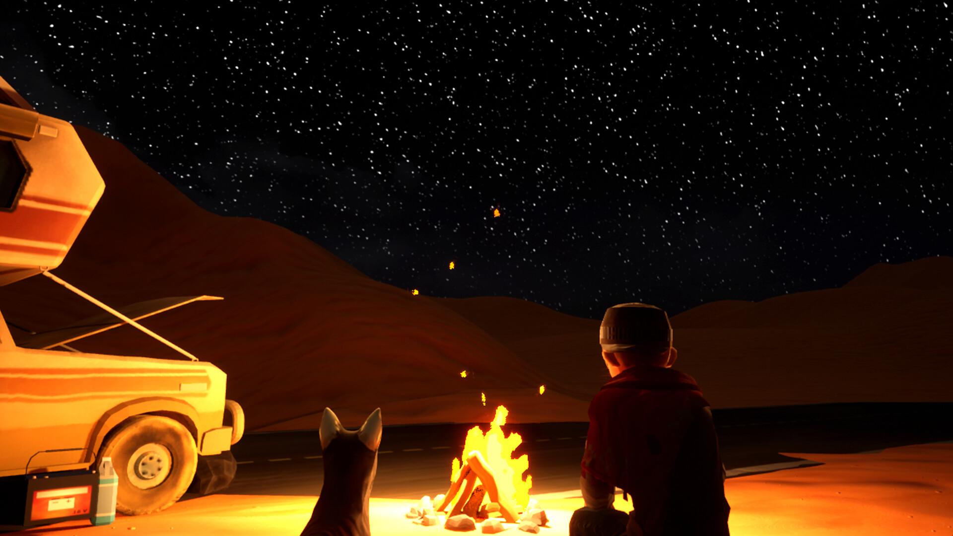 helpless - a child and a dog at a nighttime campfire
