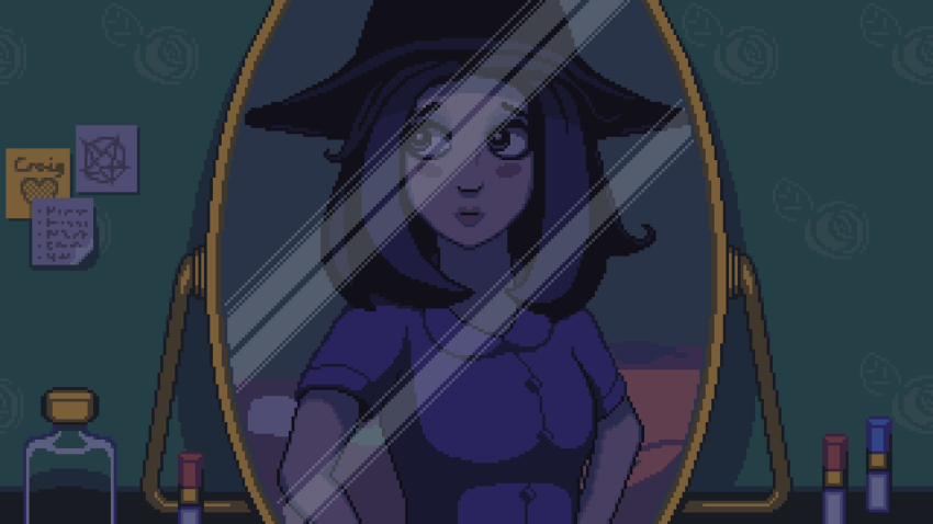 Blackout - the reflection of a teenage female-presenting person in a witch hat