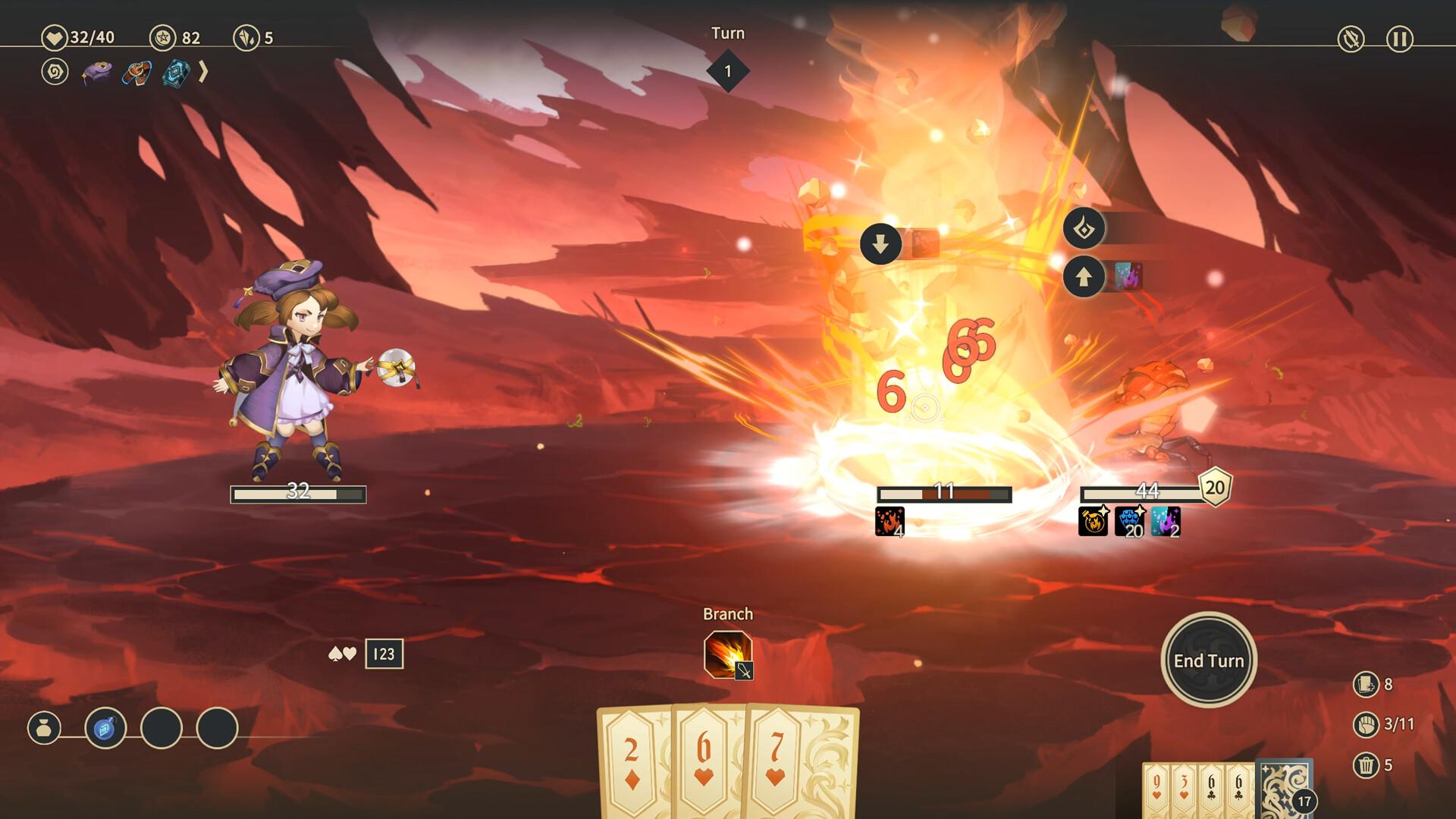Zoeti - a wizard blasts some enemies with fire. A hand of cards is below them.