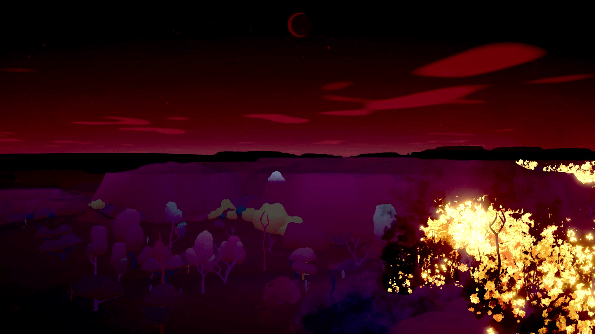 flames spread over a landscape that's lit by a red sky