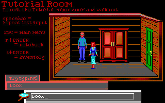 Crimson Diamond - A female presenting person standing in the middle of a room. Text explains how to call up the player's notebook and inventory.