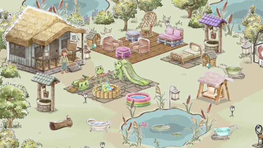 Kamaeru - a swampy land covered in outdoor furniture. A frog relaxes in a sandbox.