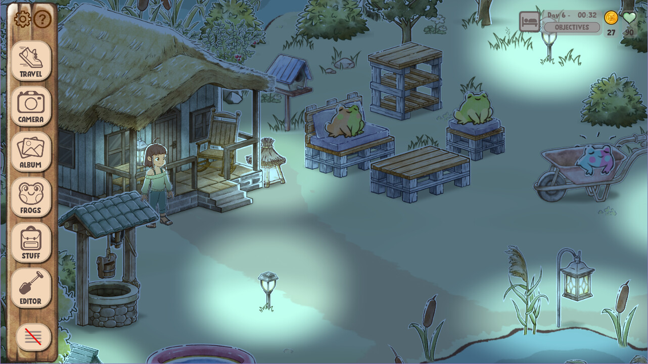 Kamaeru - A cabin at nightfall. A handful of frogs are relaxing nearby.