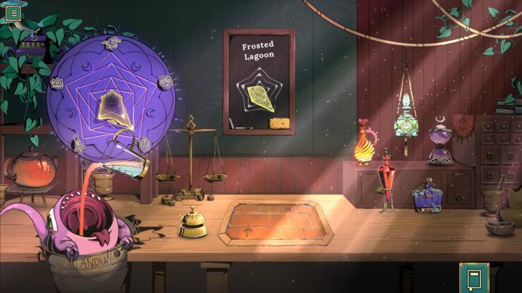 Tavern Talk - A drink being poured into a frog-like creature's mouth.