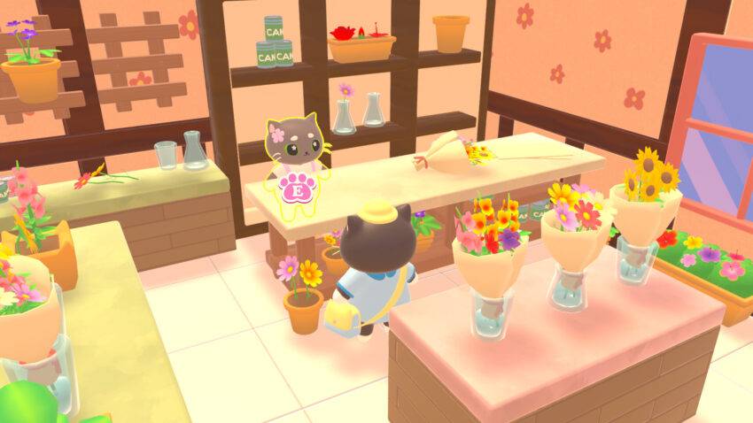 Catto's Post Office - a cat stands at the counter of a vibrant flower shop filled with bouquets, another cat in a hat standing across from them.