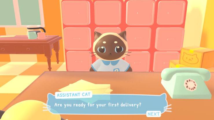 Catto's Post Office - A smiling cat stands behind a desk asking if you're ready for your first delivery.