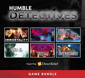 An ad for several games in the Humble Detectives Bundle - Immortality, Killer Frequency, Paradise Killer, Overboard, Darkside Detective, and call of Cthulhu.