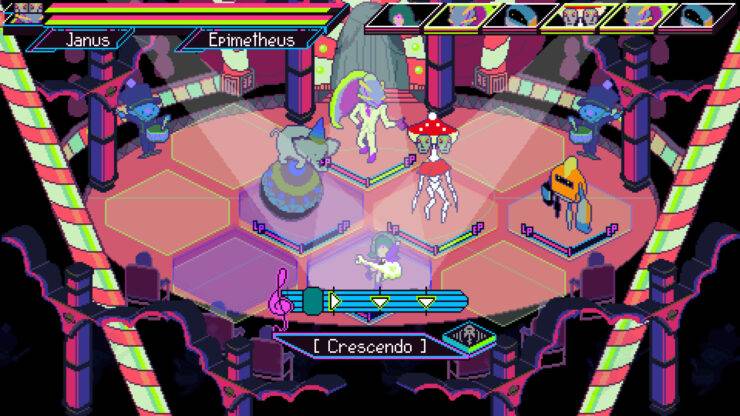 Keylocker - an elephant on a ball, a mushroom creature with two heads, and robot in a suite, and a character playing a guitar are in a circus-like environment.