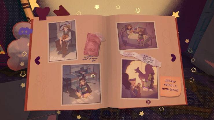 projected dreams - several pictures in a photo album. A child sits reading a book, sits on a bed with their mother, and is shown making a fox shadow with their hands and a flash light in the pictures.