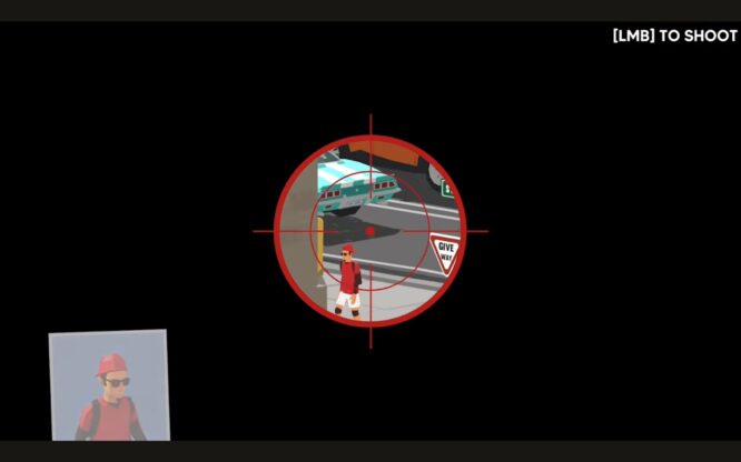 Ikeelya - A man in a red hat is in a sniper's viewfinder.