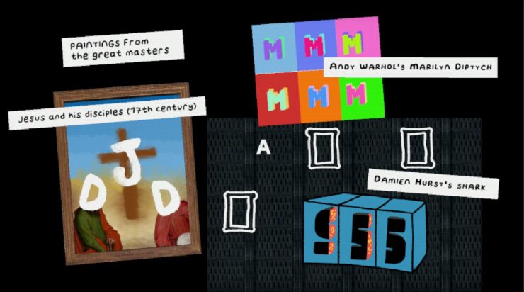 Stealth Crossword - Several famous paintings (marilyn Monroe from Warhol, an old painting of Jesus and the disciples, etc) reduced to letters.