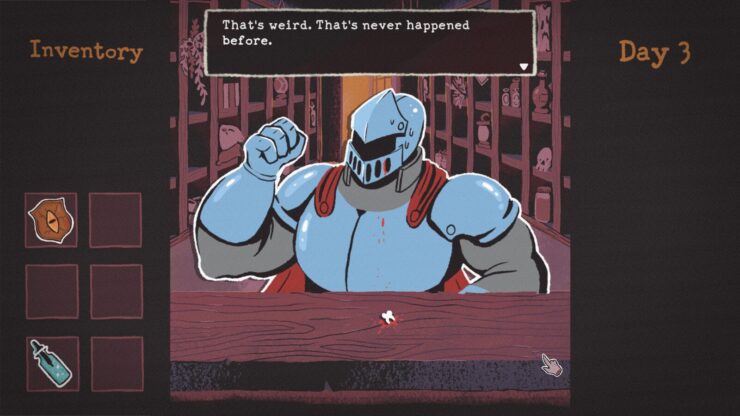 Gratis - A knight stands at a table in a shop, a single bloody tooth on the table.